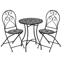 Outsunny 3 Piece Garden Bistro Set with Coffee Table and 2 Folding Chairs, Mosaic Tile Top and Seats, Metal Frame, for Patio Balcony(m-1)