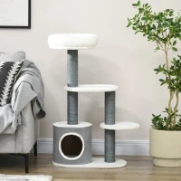 PawHut Ansamblu pentru pisici 98 cm de interior, Turn pentru pisici cu stalp de zgariat, casuta pentru pisici, pat, alb(m-8)