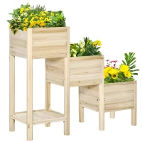 Outsunny Hochbeet 3 Etagen aus Holz mit Ablageboden & 3 Entwässerungslöchern für Garten Balkon Natur 125 x 45 x 108 cm(m-1)