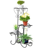 Outsunny metalen bloemenrek 4 niveaus plantenrek bloemenladder bloemenstandaard voor binnen en buiten tuinbalkon zwart 45 x 24,5 x 80 cm(m-1)