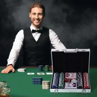 HOMCOM Pokerkoffer pokerset pokerchips 4/5 kleuren 2x kaartspel 5x dobbelstenen 1x aluminium koffer(m-9)