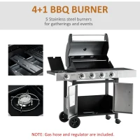Outsunny Gas Barbecue Grill 4+1 Burner Garden Smoker BBQ Trolley w/ Side Burner Warming Rack Side Shelves Storage Cabinet Piezo Ignition Thermometer Stainless Steel + Metal(m-5)