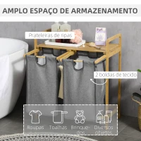HOMCOM Cesto de Roupa de Bambu para Lavandaria com 2 Bolsas Amovíveis e Prateleira 63,5x33x73 cm Madeira e Cinza(m-4)