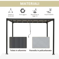 Outsunny Pergola Gazebo da Giardino 3x3m con Tetto Apribile in Alluminio e Policarbonato, Grigio(m-4)