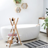 kleankin Elegancki Regał Łazienkowy 4-poziomowy z Bambusa Naturalnego i Białej Płyty MDF, Wodoodporny(m-2)