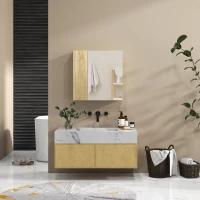 Kleankin Dulap cu oglinda pentru baie cu montaj pe perete, dulap pentru baie cu oglinda, usi duble si rafturi de depozitare, natural(m-7)