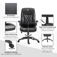 Vinsetto Bürostuhl Ergonomischer Drehstuhl Computerstuhl mit Wippfunktion höhenverstellbar mit Kopfstütze und gepolsterte Armlehnen Kunstleder Schwarz 69,5 x 76 x 113–121 cm(m-7)