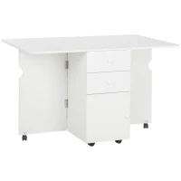 HOMCOM Mesa de Cozinha Dobrável com Laterais Dobráveis 6 Rodas e 2 Gavetas de Armazenamento 120x80x75 cm Branco(m-10)