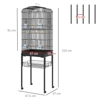 PawHut Gaiola para Pássaros com Rodas Bandeja Removível e Prateleira Inferior para Papagaios Canários 47,5x37x153 cm Preto(m-3)