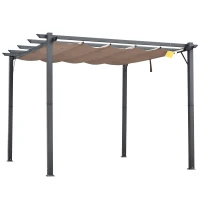 Outsunny Pérgola de Jardim com Toldo de Poliéster Retrátil e Estrutura de Alumínio para Exterior Pátio 3x3 m Cinza e Marrom(m-1)