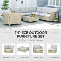 Outsunny Mobilier pentru gradina 7 bucati, modular cu masuta, fotoliu, fotoliu de colt si 2 canapele din ratan PE cu perne, bej(m-4)