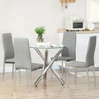 HOMCOM  Set de masa din 5 piese, mMsa de bucatarie rotunda moderna din sticla si scaune pentru 4 persoane, Masa economisitoare de spatiu cu scaun din piele PU, Picioare de otel(m-2)