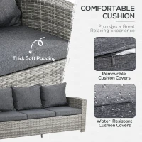 Outsunny 6 Pieces PE Rattan Garden Furniture Set with Three-seat, Armchairs and Footstools, Aluminium Patio Wicker Dining Sets w/ Glass Top Dining Table, Soft Cushion, Light Grey(m-5)