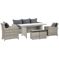 Outsunny 6 Pieces PE Rattan Garden Furniture Set with Three-seat, Armchairs and Footstools, Aluminium Patio Wicker Dining Sets w/ Glass Top Dining Table, Soft Cushion, Light Grey(m-1)