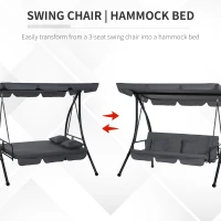 Outsunny 2-in-1 Patio Swing Chair 3 Seater Hammock Cushion Bed Tilt Canopy Garden Grey(m-6)