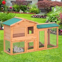 PawHut Rabbit 2 Tier Fir Wood Small Animal Hutch w/ Ramp Brown(m-13)