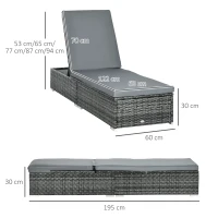 Outsunny Rattan Sun Lounger Adjustable Garden Furniture Recliner Bed Chair Reclining Patio Wicker, Grey(m-3)