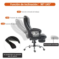 HOMCOM Silla Giratorio de Oficina y Escritorio Ergonómica Mecanismo de Inclinacón Respaldo Alto con Reposapiés PU Negro(m-5)