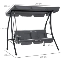Outsunny 2-in-1 Patio Swing Chair 3 Seater Hammock Cushion Bed Tilt Canopy Garden Grey(m-3)