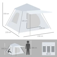 Outsunny Cort de Camping pentru 2-3 persoane cu Verandă și Ferestre, 210x210x150 cm, Argintiu(m-3)
