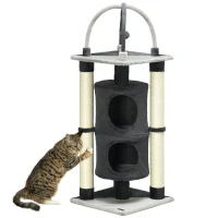 PawHut Árvore Arranhador para Gatos de 2 Níveis com Plataforma Postes de Juta e Bola Suspensa 39x39x114cm Cinza(m-10)