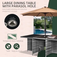 Outsunny 10 Seater Rattan Dining Table and Chairs Outdoor Bistro Table Set with Parasol Hole Footrest for Garden Yard Grey(m-5)