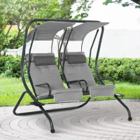 Outsunny Balancelle de Jardin 2 Places indépendantes 2 tablettes Supports Coussins Assise Dossier Grand Confort 1,7L x 1,36l x 1,7H m Acier Noir Polyester Gris(m-4)