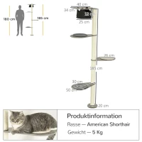 PawHut Drapak z Hamakiem, 3 Poziomy, Sznurek sizalowy, 50 cm x 34 cm x 185 cm, Szary + Naturalny(m-3)