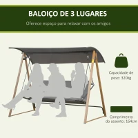 Outsunny Baloiço de Jardim 3 Lugares com Teto Ajustável Assento Acolchoado e Estrutura de Aço Carga 320 kg 224x133x173 cm Cinza(m-4)
