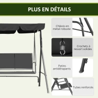 Outsunny Balancelle de Jardin 3 Places Grand Confort Toit imperméabilisé Inclinaison réglable Assise et Dossier Ergonomique Acier textilène Gris(m-7)
