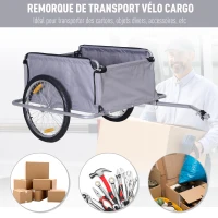 HOMCOM Remorque vélo remorque de transport pour vélo dim. 140L x 88l x 60H cm barre d'attelage universelle housse imperméable amovible gris(m-5)