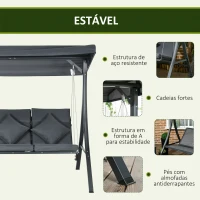 Outsunny Baloiço de Jardim de 3 Lugares com Toldo Ajustável 3 Almofadas e Estrutura de Aço 202x115x168 cm Cinza(m-7)