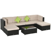 Outsunny Conjunto de Móveis de Jardim de Vime PE Conjunto de 7 Peças Mesa Sofás Bancos com Almofadas Laváveis Preto Areia e Verde(m-1)
