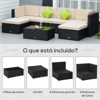 Outsunny Conjunto de Móveis de Jardim de Vime PE Conjunto de 7 Peças Mesa Sofás Bancos com Almofadas Laváveis Preto Areia e Verde(m-7)