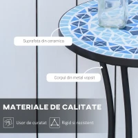 Masuta de Gradina Rotunda din Metal Outsunny cu Blat din Ceramica, Design tip Mozaic, Ф35,5x53,5 cm, Albastru(m-6)