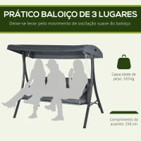 Outsunny Baloiço de Jardim de 3 Lugares com Toldo Ajustável 3 Almofadas e Estrutura de Aço 202x115x168 cm Cinza(m-4)