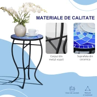 Masuta de Gradina Rotunda din Metal Outsunny cu Blat din Ceramica, Ф35,5x53,5 cm, Albastru si Alb(m-6)