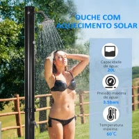 Outsunny Duche Solar de Jardim 20L Duche de Exterior com Cabeçal Redondo Torneira de Água Quente Máximo 60℃ 15,5x15,5x222 cm Preto(m-4)