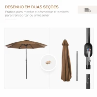 Outsunny Chapéu de Sol a Manivela com Teto Inclinável e 8 Hastes de Metal para Pátio Varanda Exterior Ø300x240 cm Marrom(m-8)