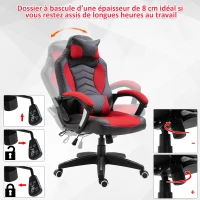HOMCOM Luxe fauteuil/chaise de bureau gamer fonction massage + chauffage intégrée dossier inclinable rouge(m-8)