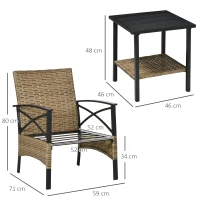 Outsunny Conjunto Mesa y 2 Sillas de Jardín de Ratán Sintético con 2 Cojines Decorativos 46x46x48 cm y 59x71x80 cm Marrón(m-3)