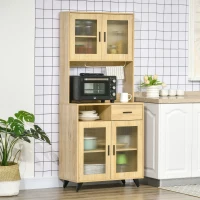 HOMCOM Aparador Alacena de Cocina Mueble Auxiliar con Puertas de Vidrio para Comedor Salón 80x40x184,5 cm Natural(m-2)