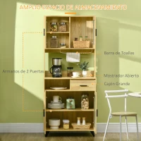 HOMCOM Aparador Alacena de Cocina Mueble Auxiliar con Puertas de Vidrio para Comedor Salón 80x40x184,5 cm Natural(m-4)