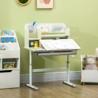 HOMCOM Bureau enfant hauteur réglable, plateau inclinable - 3 étagères, 2 niches, tablette coulissante à rangement gris blanc(m-2)