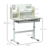 HOMCOM Bureau enfant hauteur réglable, plateau inclinable - 3 étagères, 2 niches, tablette coulissante à rangement gris blanc(m-3)