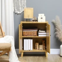Dulap de depozitare vintage HOMCOM cu usi chevron duble si picioare din lemn de pin, dulap lateral pentru living, bucatarie, dormitor, efect de lemn natural(m-7)