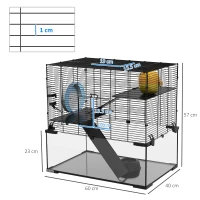PawHut 3 Tiers Hamster Cage, Gerbil Cage with Deep Glass Bottom, Non-Slip Ramps, Platforms, Hut, Exercise Wheels, Water Bottle, Dish, for Syrian Hamster, Dwarf Hamster, 60 x 40 x 57cm(m-3)