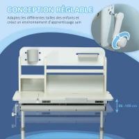 HOMCOM Bureau enfant hauteur réglable, plateau inclinable - 3 étagères, 2 niches, tablette coulissante à rangement gris blanc(m-4)