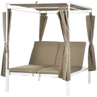 Outsunny Lit de jardin bain de soleil transat inclinable avec auvent rétractable, 2 places - 4 rideaux et matelas(m-1)