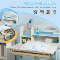 HOMCOM Bureau enfant hauteur réglable, plateau inclinable - 3 étagères, 2 niches, tablette coulissante à rangement gris blanc(m-6)